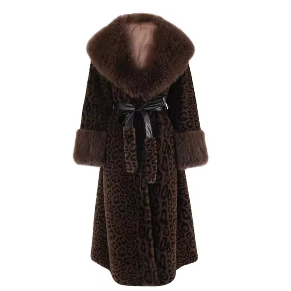 Brown Leopard Print Big Size Long Faux Fur Jacket For Women Lapel Long Sleeve - Picture 2 of 10